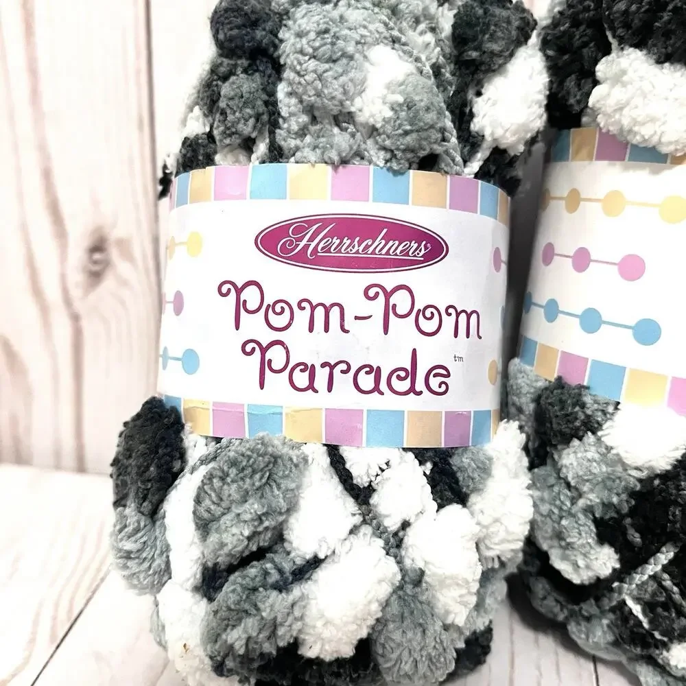 Herrschners Pom-Pom Parade Lot of 4 Skeins of Yarn Black, Gray, White